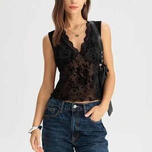 Rihoas Black Floral Sheer Lace V-Neck Tank Top